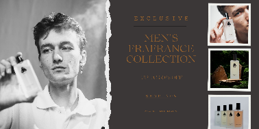 Advertisement for a men's fragrance collection with a model holding a perfume bottle and promotional text.